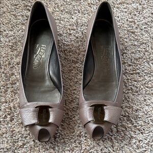Salvatore Ferragamo Blush Leather Vara Bow Flats with Gold Hardware